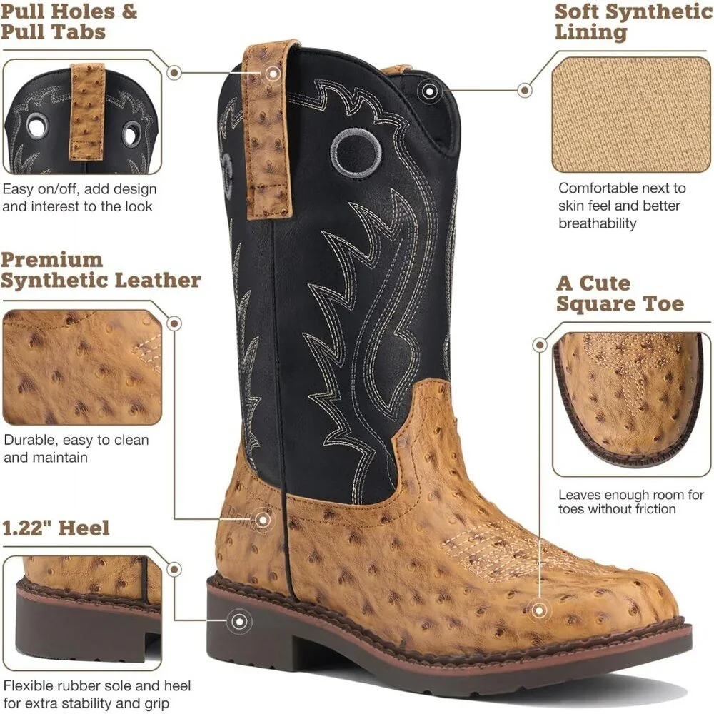 ⚡Kids Girls Brown Ostrich Western Boots Square Toe Cowgirl Boots For Toddler